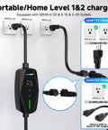 Smart Wifi EV Charger With App Control, Adjustable 8 To 16 Amperes, Quick Timer, Dual Voltage Ready, 25 Feet J1772 Cord mounted on wall, with NEMA 6-20 and 5-15 outlets.