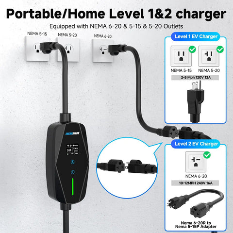 Smart Wifi EV Charger With App Control, Adjustable 8 To 16 Amperes, Quick Timer, Dual Voltage Ready, 25 Feet J1772 Cord mounted on wall, with NEMA 6-20 and 5-15 outlets.