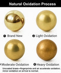 Unlacquered Brass Cabinet Knobs oxidation stages: brand new, light, moderate, heavy; sphere pulls transformation display.