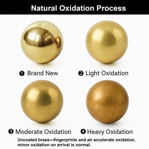 Unlacquered Brass Cabinet Knobs oxidation stages: brand new, light, moderate, heavy; sphere pulls transformation display.