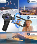 8K Ultra HD Video Camcorder For YouTube And Live Streaming With 75MP Photos Dual View Recording shown with flip screen and features.