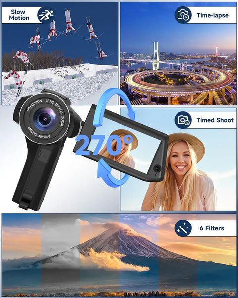 8K Ultra HD Video Camcorder For YouTube And Live Streaming With 75MP Photos Dual View Recording shown with flip screen and features.