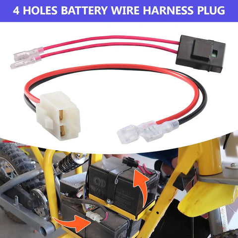 4 Pin 2 Wire Battery Wiring Harness for Dirt Quad MX350 MX400 Electric Bike, 18 Gauge, shown with installation guide