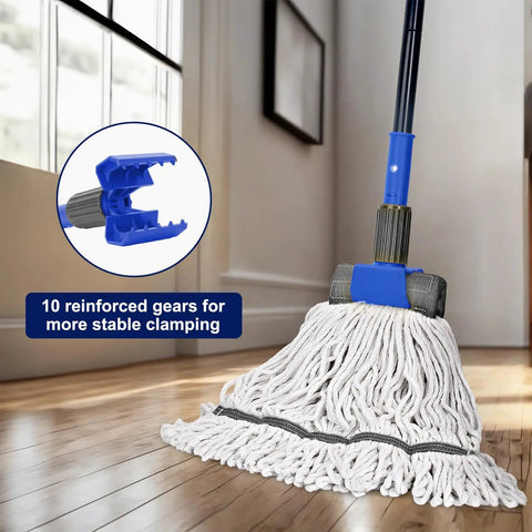 Badass Heavy Duty Commercial Mop Handle 57.5 Inch Extended Pole With Upgraded Jaw Clamp For Microfiber Cotton String And Loop Mops Pro Floor Cleaning Gear with reinforced clamp.