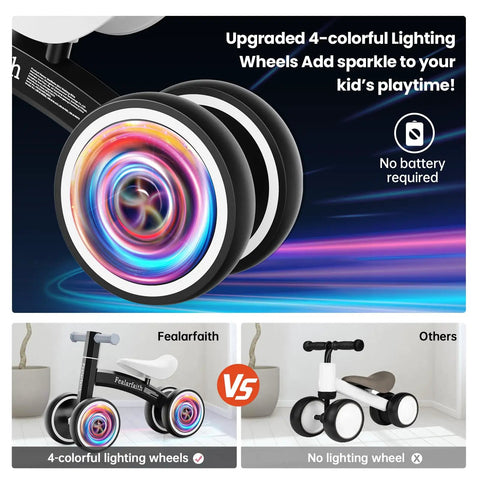 Toddler Balance Bike With Four Colorful LED Wheels That Light Up When They Move No Batteries Needed Great First Bike For 10 To 36 Month Boys And Girls Black comparison image.