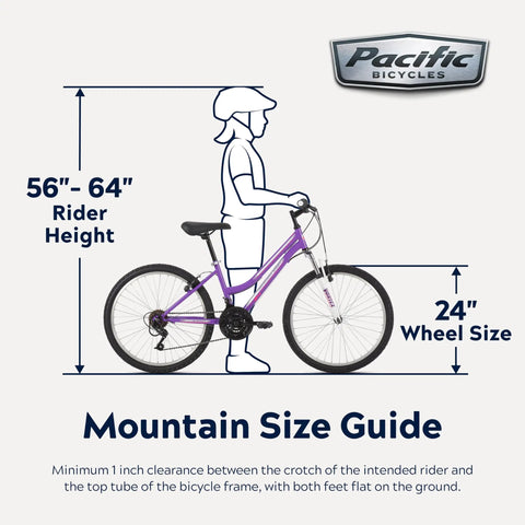 Diagram of Trail Ready Mountain Bike For Youth And Adults With 24 Inch Wheels, 18 Speed, showing rider height and wheel size.