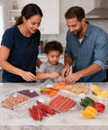 Family using 60 Pack Vacuum Sealer Bags For Food BPA Free Reusable With Upgraded Air Valve For Sous Vide Ready And Meal Prep Storage.