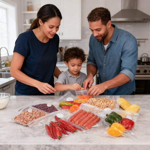 Family using 60 Pack Vacuum Sealer Bags For Food BPA Free Reusable With Upgraded Air Valve For Sous Vide Ready And Meal Prep Storage.
