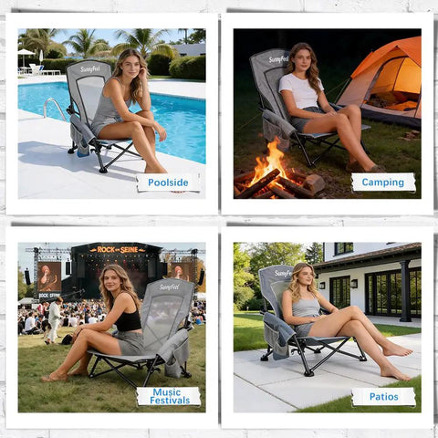 Low Profile Folding Beach Chair Twin Pack With Mesh Back in different settings: poolside, camping, music festivals, patios.