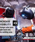 Welding Curtain Transparent Screen For Better Visibility And Arc Shielding With UV And Blue Light Protection shown in use in workshop.