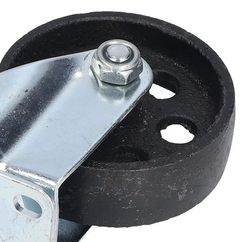 Tough As Nails Twin Bearing Swivel Caster Wheel Built Solid With Cast Iron for smooth rolling with a close-up view of the wheel's design.