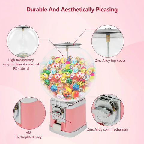 Pink High Capacity Candy Gumball Vending Machine Built Different With Hella Tough Plastic Shell features a transparent storage tank.