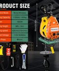 1100 Lbs Electric Hoist Winch, 1500W Portable Power Crane with detailed specs and dimensions displayed on a background.