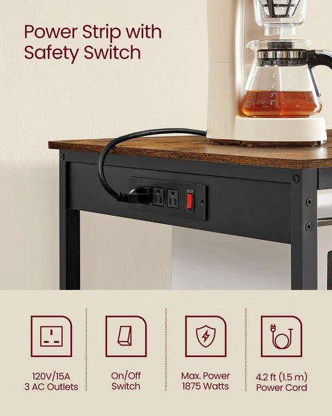 Industrial Kitchen Island With Built In Power Strip And Three Outlets, showcasing coffee maker plugged in on rustic brown finish.