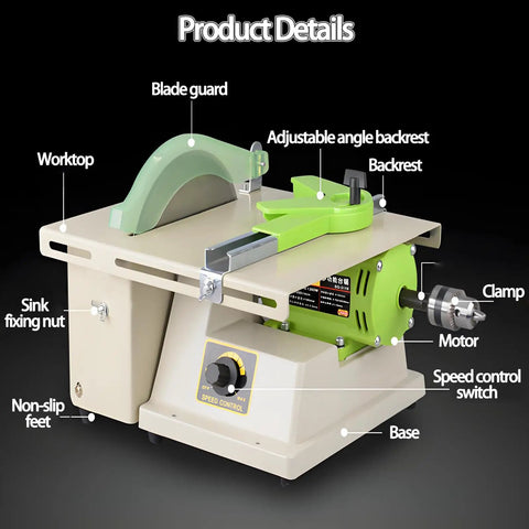 Pro 110V Gem Faceting Machine 5-in-1 Bench Grinder with blade guard, speed control, and adjustable backrest for precision work.