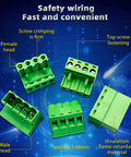 15 Pairs 4 Pin 5.08mm Pitch PCB Mount Screw Terminal Block Connector Kit With 15 4 Pin Plugs, displayed with labels.