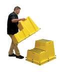 Person stacking yellow Nestable Polyethylene 2 Step Stool with 500 lb capacity, showing anti-slip treads and side handles