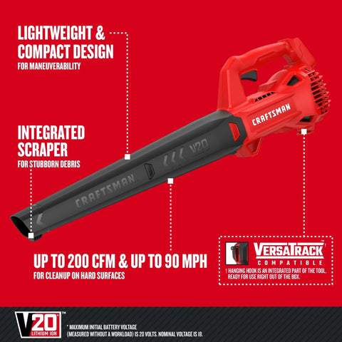 V20 Cordless Leaf Blower Bare Tool Only For Hard Surface Cleanup, Delivers Up To 200 CFM And 90 MPH, Lightweight Compact Design