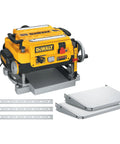 Smoother Than Silk 13 Inch Benchtop Thickness Planer With Robust 15 Amp Motor And Two Speed Gearbox, DEWALT model with accessories.