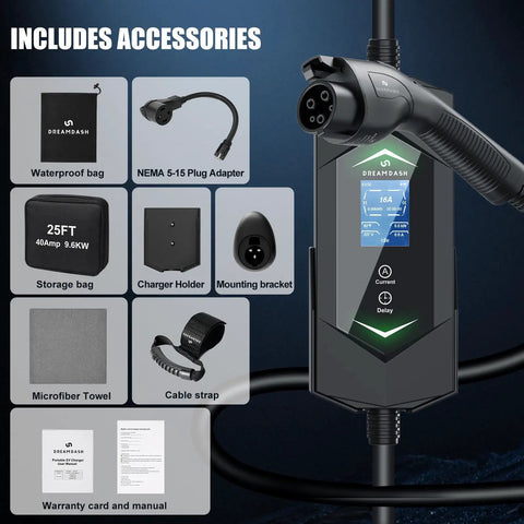 Plug And Play Level 2 Electric Vehicle Charger 40 Amp 240 Volt With Smart WiFi App Control J1772 Connector Nema 14-50 Plug with accessories.