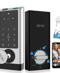 Six In One Smart Lock With Camera And Doorbell, Keyless Entry For Front Door With Fingerprint, App Remote, Auto Lock, Passcode, IC Card And Voice Control, Built In WiFi, Works With Alexa And Google Assistant image showing lock components and smartphone control.