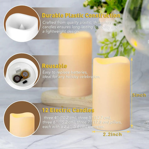 Flameless Flickering LED Candles Set Of 12 Ivory Plastic Pillars With Remote And Timer, Battery Operated, showcasing sizes