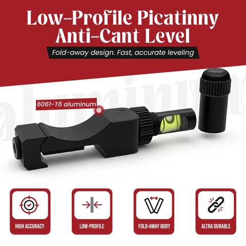 Anti Cant Bubble Level For Rifles With Picatinny Rail Base Mounted Compact Optics Swivel Indicator Fold Out Protective Cover Aluminum 6061 T6 Type III Hard Anodized Black Finish Easy One Hand Cant Check