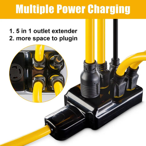 Heavy Duty Nema L14-30p To Four Port Generator Power Adapter With Twist Lock Plug, close-up of four receptacles.