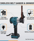 Badass Cordless Belt Sander Packs Brushless Motor To Crush Rust And Polish Wood Super Smooth No Cord Tangles 1700 Rpm Heavy Duty Detail Grinder For Shop Jobs with integrated LED light.