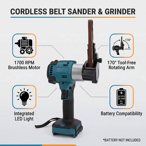 Badass Cordless Belt Sander Packs Brushless Motor To Crush Rust And Polish Wood Super Smooth No Cord Tangles 1700 Rpm Heavy Duty Detail Grinder For Shop Jobs with integrated LED light.