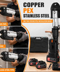Heavy Duty 60KN Brushless Cordless Pipe Crimping Tool With 18V Battery Hydraulic Press Kit For Copper Tubing Includes Six Jaws, shown crimping copper, PEX, and stainless steel pipes.