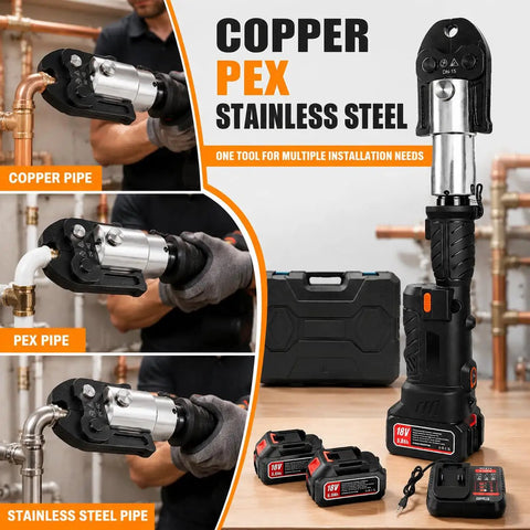 Heavy Duty 60KN Brushless Cordless Pipe Crimping Tool With 18V Battery Hydraulic Press Kit For Copper Tubing Includes Six Jaws, shown crimping copper, PEX, and stainless steel pipes.