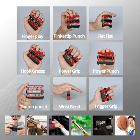 Collage showing different grips using Red Hand Grip Exerciser For Finger Strength And Grip Training With 7 Pound Spring Portable Gripper