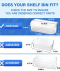 Image comparing dimensions of refrigerator door bin replacement parts for compatibility check.