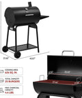28 Inch Barrel Charcoal Grill With Warming Rack And 626 Sq In Of Cooking Space, dimensions shown in image