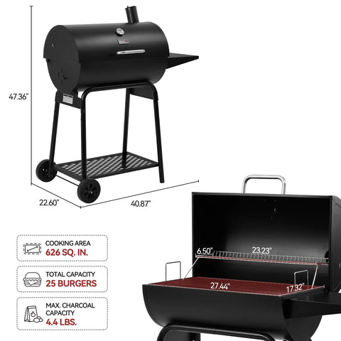 28 Inch Barrel Charcoal Grill With Warming Rack And 626 Sq In Of Cooking Space, dimensions shown in image
