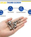 Heavy Duty M6 X 30mm Knurled Thumb Screws Cast From Tough 304 Stainless Steel in hand, showcasing flat head and corrosion resistance.