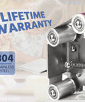 Close-up of Mini Belt Sander Kit with 15 Abrasive Belts, stainless steel rollers, highlighting lifetime warranty text