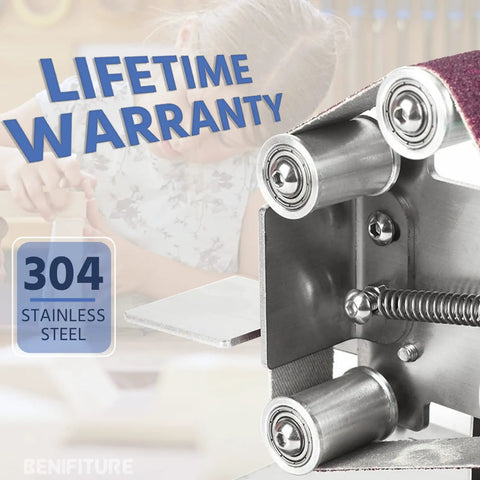 Close-up of Mini Belt Sander Kit with 15 Abrasive Belts, stainless steel rollers, highlighting lifetime warranty text