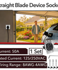Nema 14-50R Straight Blade Receptacle, 50 Amp 125/250V Electric Vehicle Socket For Rvs beside a charging vehicle in a home garage.