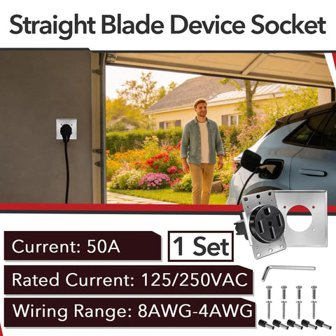 Nema 14-50R Straight Blade Receptacle, 50 Amp 125/250V Electric Vehicle Socket For Rvs beside a charging vehicle in a home garage.