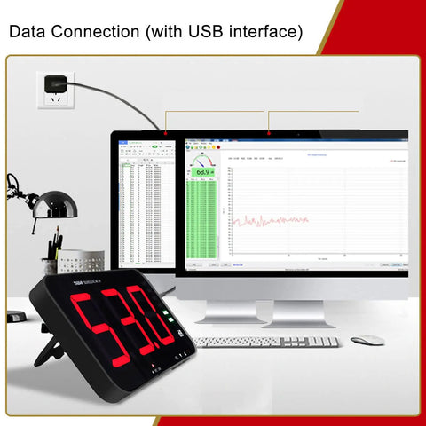 Digital Decibel Meter With Large LCD Display For Home Office And Workshop 30 To 130 dB Sound Level Reader Wall Mounted Or Hanging Noise Meter With Alarm Temperature And Humidity Readout Adjustable Brightness TA654B with USB data connection