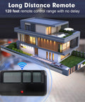Universal Garage Door Opener Remote For 1993 To Today With Easy Plug And Play Pairing 120 ft range shown with modern house.