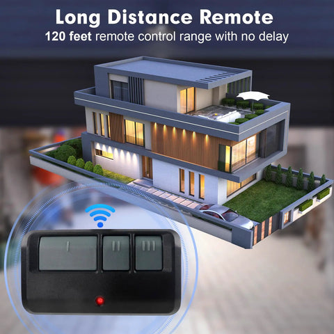 Universal Garage Door Opener Remote For 1993 To Today With Easy Plug And Play Pairing 120 ft range shown with modern house.