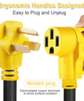 Close-up of 20Ft EV Charger Adapter Cord From NEMA 10-30P To 14-50R For Old Dryer Outlet To EV Charging Not For RV 24A Continuous Max Level 2 Charging For Tesla Model 3 Y S X ETL Listed showing yellow ergonomic handles and electroplated copper terminals.