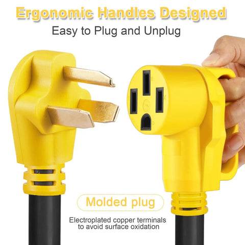 Close-up of 20Ft EV Charger Adapter Cord From NEMA 10-30P To 14-50R For Old Dryer Outlet To EV Charging Not For RV 24A Continuous Max Level 2 Charging For Tesla Model 3 Y S X ETL Listed showing yellow ergonomic handles and electroplated copper terminals.