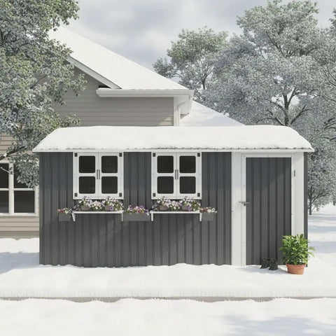 12x10 Ft Outdoor Metal Storage Shed With 3 Clear Windows, Flower Rack, Lockable Single Door, Heavy Duty Steel Construction, Grey.