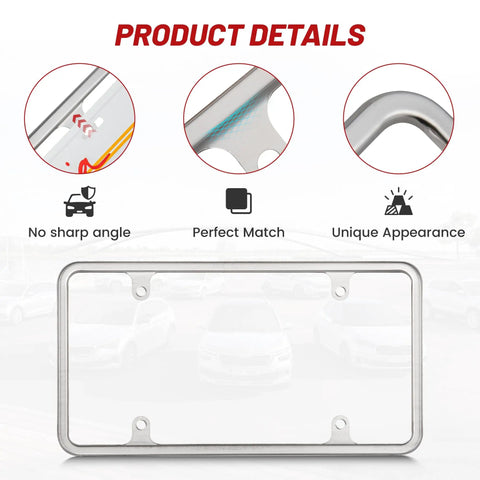Stainless Steel License Plate Frame With Screws, Slim Chrome Silver Finish, 6 x 12 Inches, Universal Fit, Detailed View