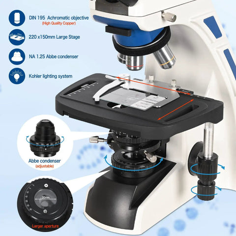 Pro Grade Trinocular Compound Microscope With 9 Inch LCD Display Digital Lab Microscope Kit 400x To 1000x Magnification Biological Microscope With Screen For Students Clinicians And Hobbyists, close-up of stage and lenses
