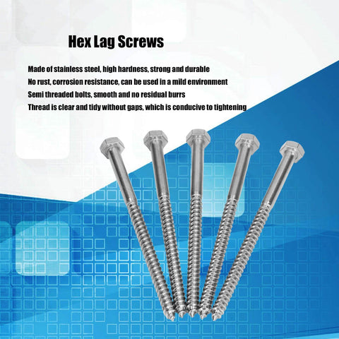 Five Stainless Steel Half Thread Wood Lag Bolts With Self Tapping Screws A2-70 Grade for Carpentry and DIY, M8x140mm